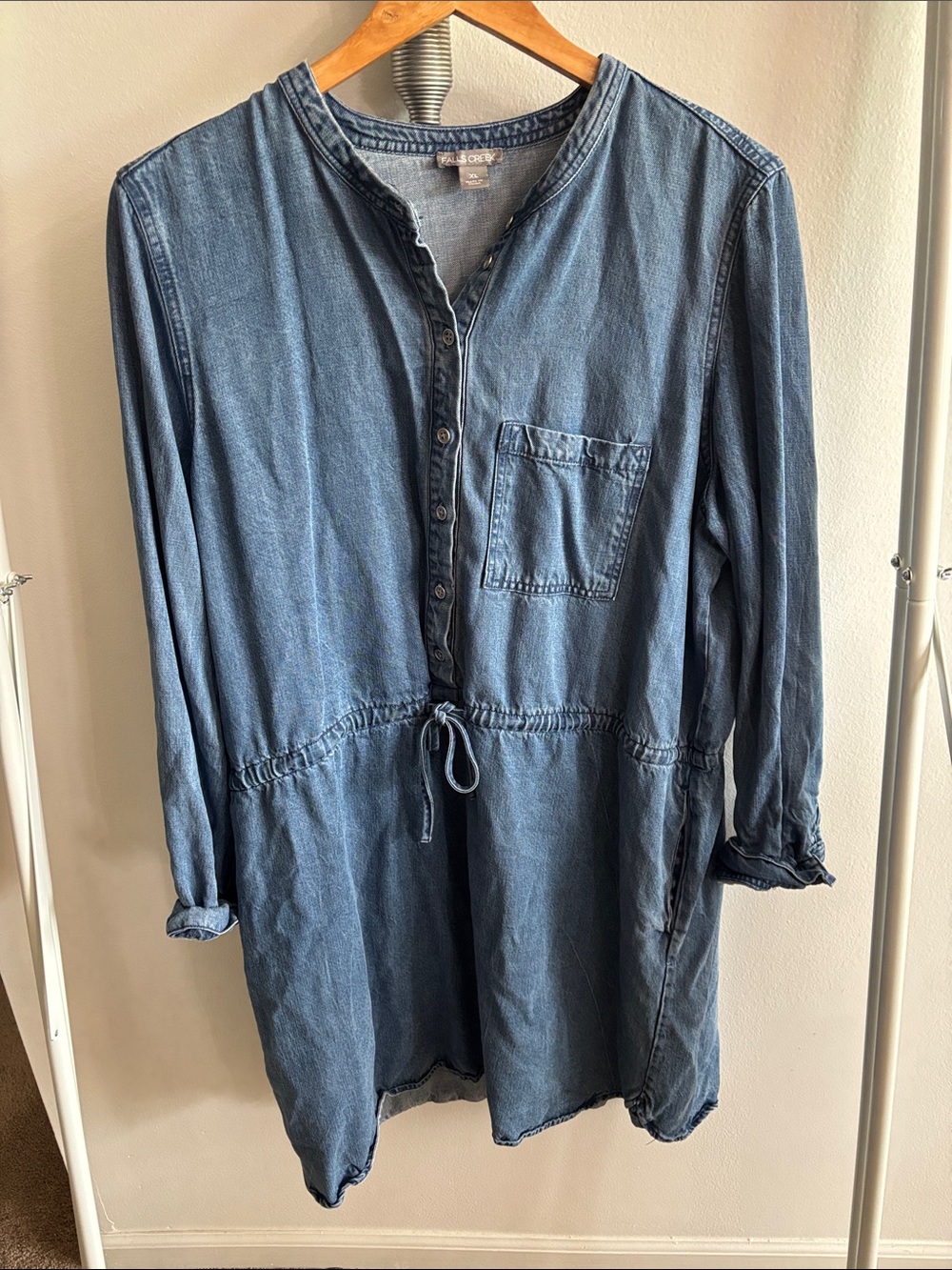 Falls Creek Denim Chambray Drawstring Shirt Dress - Blue